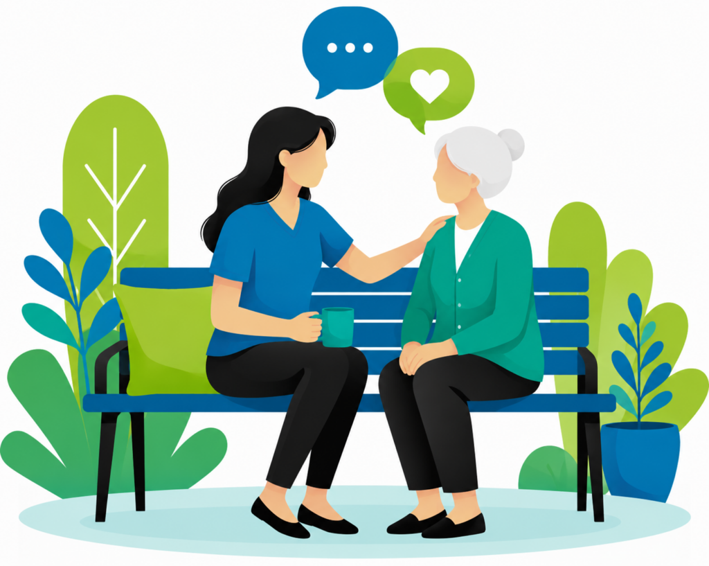 Illustration of a caregiver and an older woman talking together on a bench