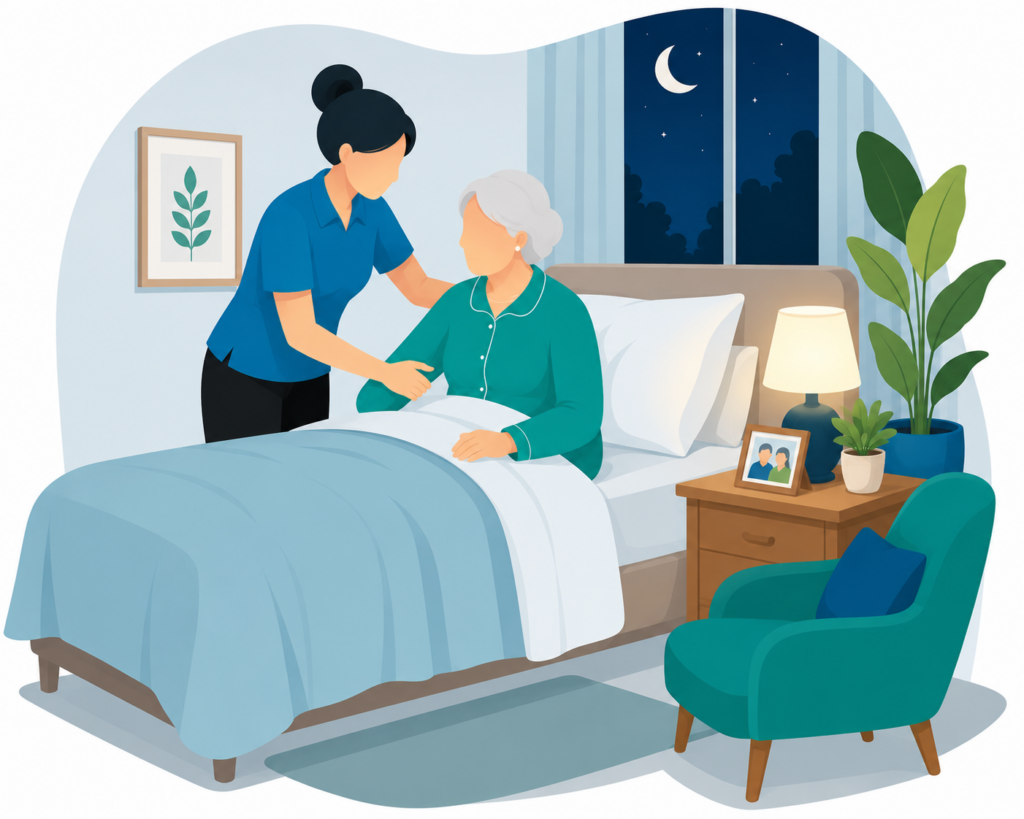 Illustration of a caregiver helping an older woman at her bedside at night