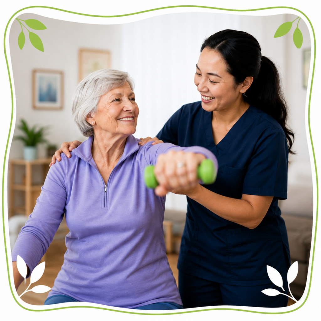 A caregiver guiding an older woman through light strength exercises at home