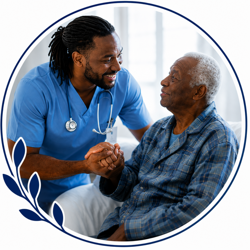 A nurse in scrubs holding an older man's hands during a home visit