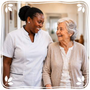 A caregiver and an older woman smiling together