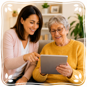A family member showing an older woman information on a tablet
