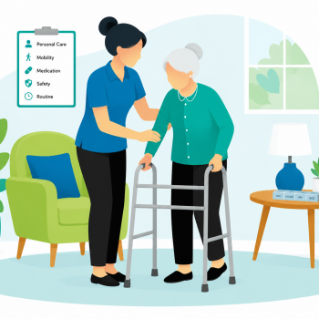Illustration of a caregiver helping an older woman walk with a walker beside her personal care plan