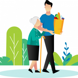 Illustration of a care worker carrying groceries alongside an older woman using a cane